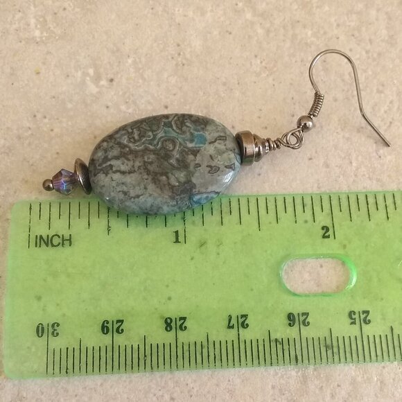 Unique Crazy Lace Agate Earrings - Darker Blue Gray - Gunmetal Black Hardware - Picture 4 of 6
